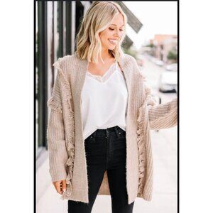 Anthropologie oversize Fringe Ribbed open front boho Cardigan Sweater XS / S